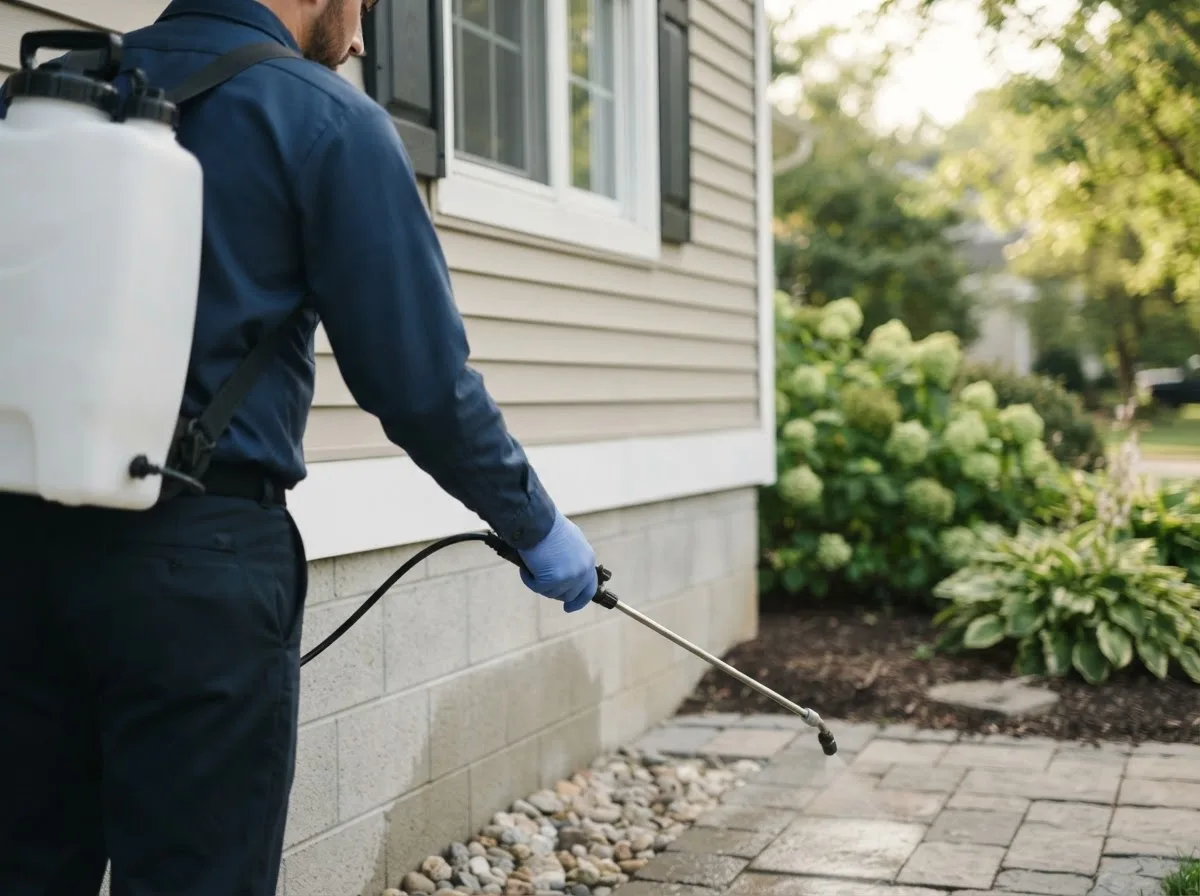 Pest control technician inspecting a home in Loyal, OK
